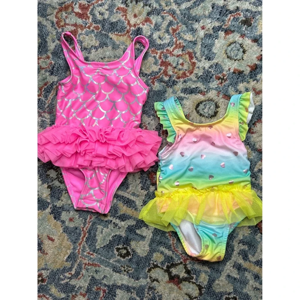 Cat & Jack Penelope Mack‎ Swimsuit Bundle Girls 18M Pink Rainbow Mermaid EUC